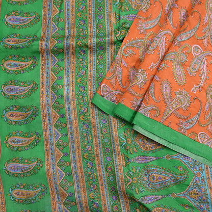 Indian Vintage Sari Orange & Green 100% Pure Silk Printed Saree Craft Fabric 5yd Sewing Dress Making Wrap Paisley Quilting Crafting Upcycle