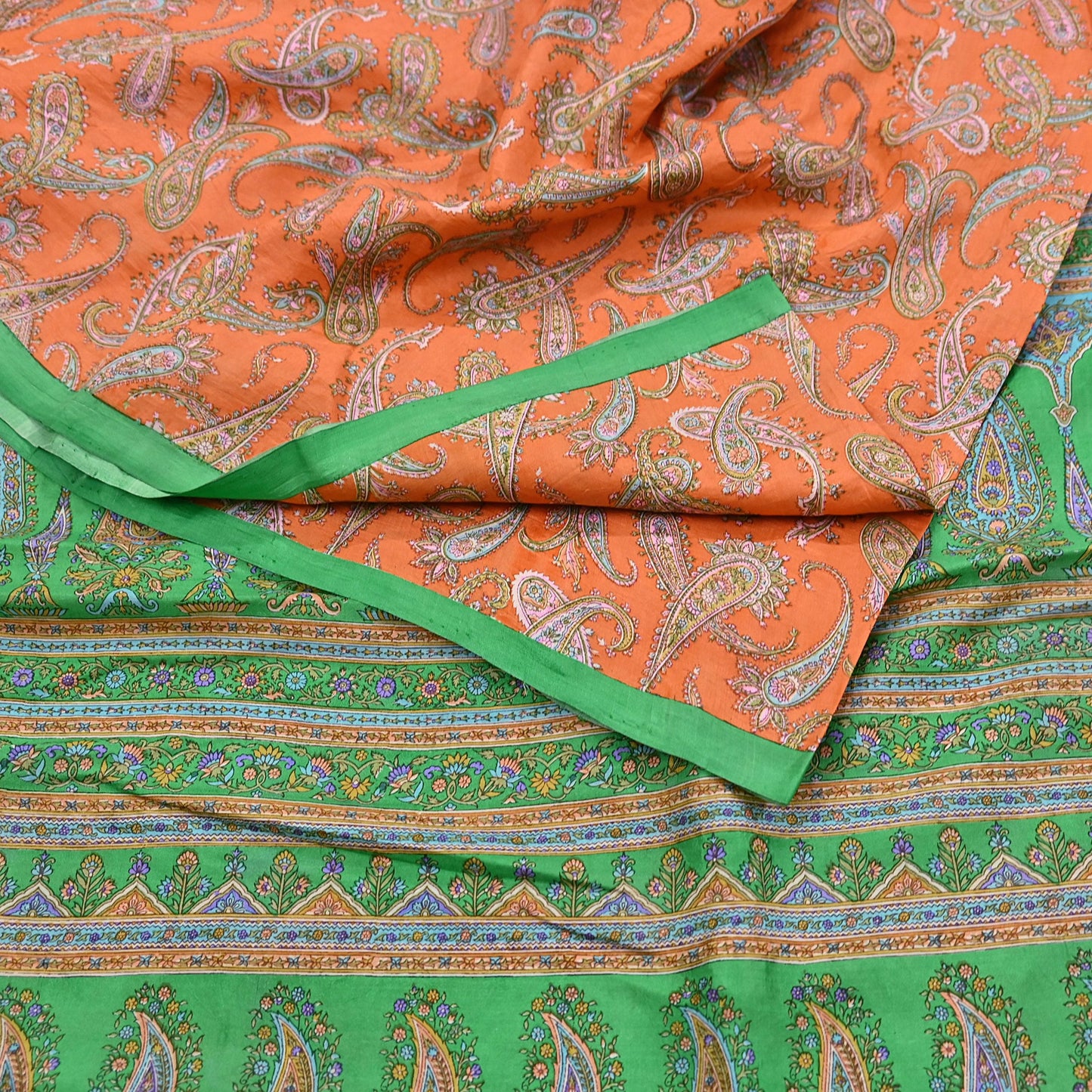 Indian Vintage Sari Orange & Green 100% Pure Silk Printed Saree Craft Fabric 5yd Sewing Dress Making Wrap Paisley Quilting Crafting Upcycle