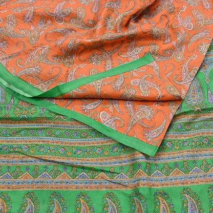 Indian Vintage Sari Orange & Green 100% Pure Silk Printed Saree Craft Fabric 5yd Sewing Dress Making Wrap Paisley Quilting Crafting Upcycle