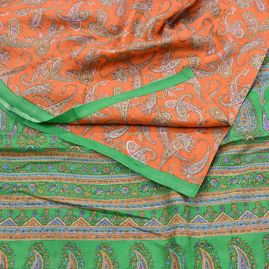 Indian Vintage Sari Orange & Green 100% Pure Silk Printed Saree Craft Fabric 5yd Sewing Dress Making Wrap Paisley Quilting Crafting Upcycle