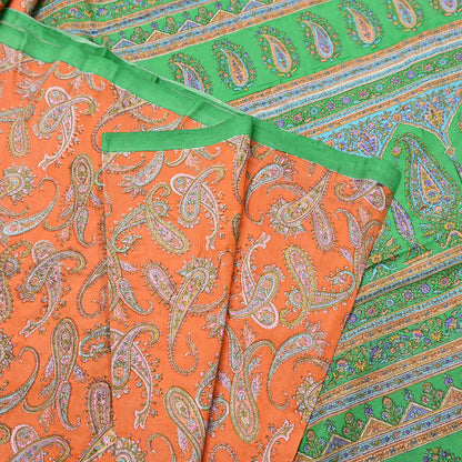 Indian Vintage Sari Orange & Green 100% Pure Silk Printed Saree Craft Fabric 5yd Sewing Dress Making Wrap Paisley Quilting Crafting Upcycle