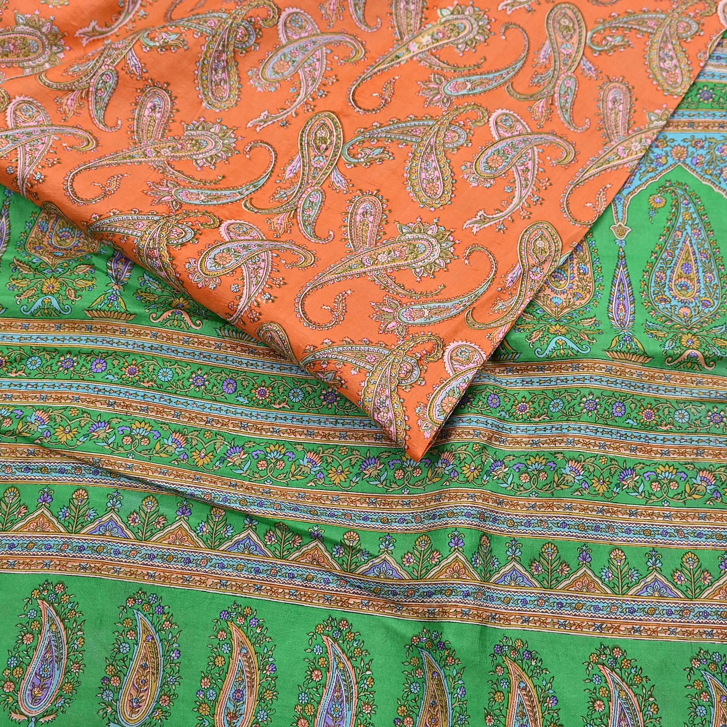 Indian Vintage Sari Orange & Green 100% Pure Silk Printed Saree Craft Fabric 5yd Sewing Dress Making Wrap Paisley Quilting Crafting Upcycle