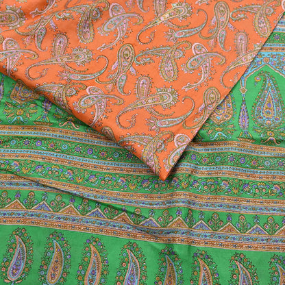 Indian Vintage Sari Orange & Green 100% Pure Silk Printed Saree Craft Fabric 5yd Sewing Dress Making Wrap Paisley Quilting Crafting Upcycle