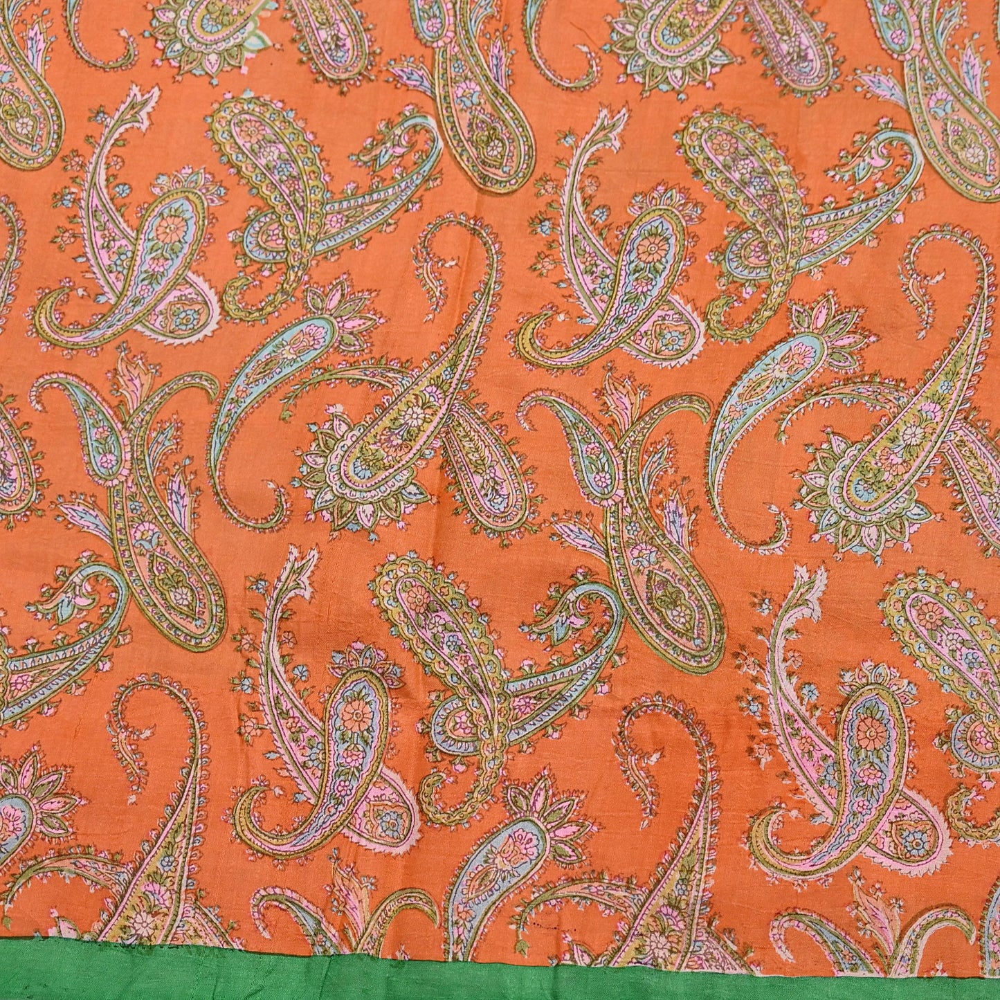 Indian Vintage Sari Orange & Green 100% Pure Silk Printed Saree Craft Fabric 5yd Sewing Dress Making Wrap Paisley Quilting Crafting Upcycle