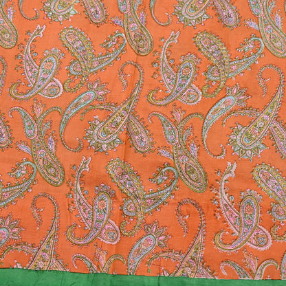 Indian Vintage Sari Orange & Green 100% Pure Silk Printed Saree Craft Fabric 5yd Sewing Dress Making Wrap Paisley Quilting Crafting Upcycle