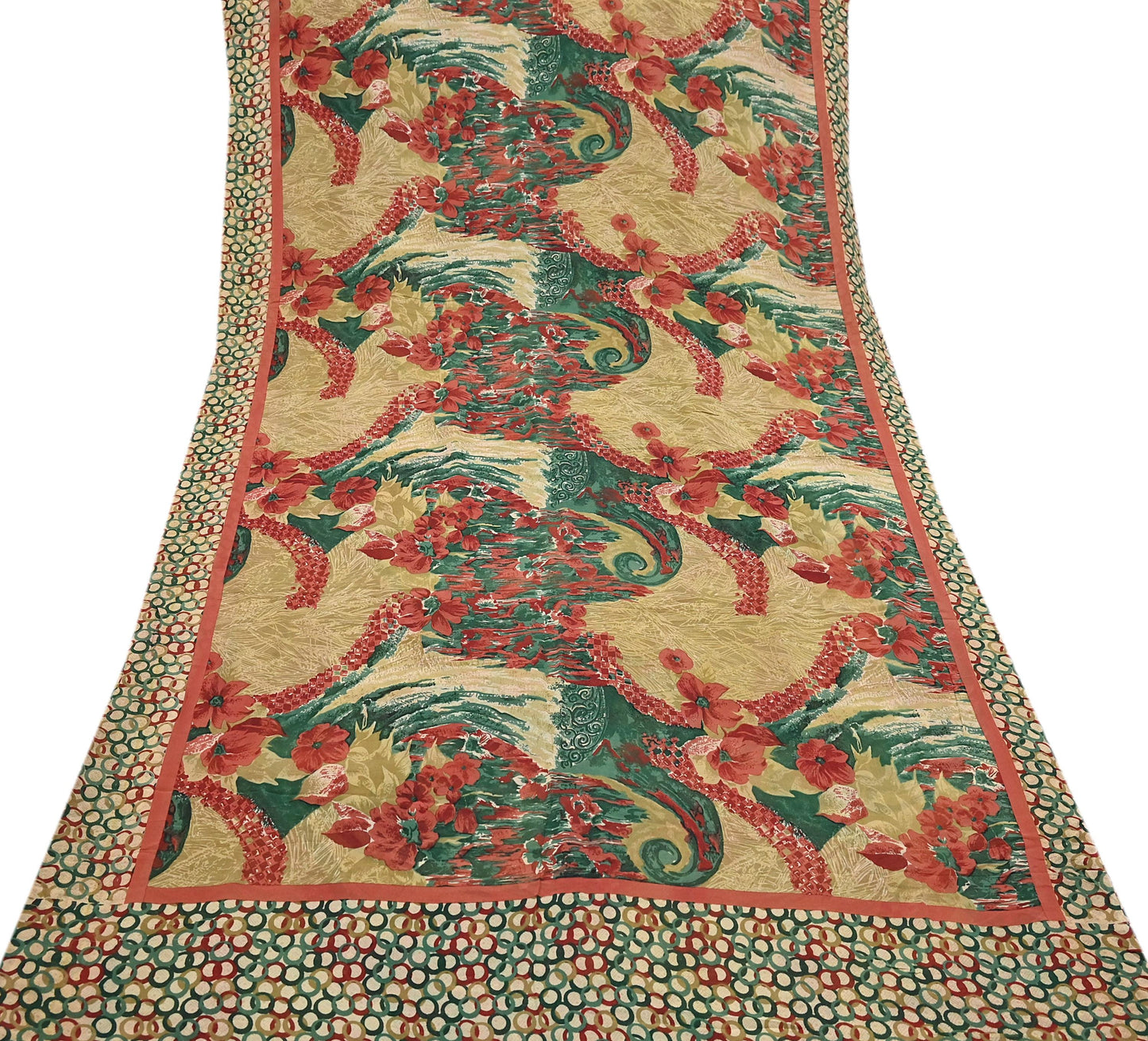 Indian Vintage Sari Beige & Multi Pure Georgette Silk Printed Sarees 6Yd Craft Fabric Sewing Quilting Dress making Crafting Dress Designing