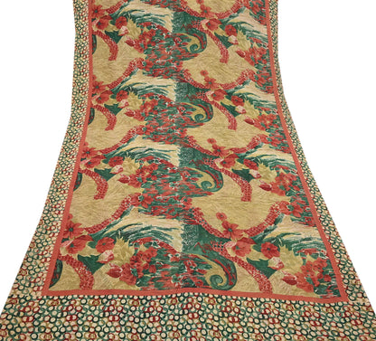Indian Vintage Sari Beige & Multi Pure Georgette Silk Printed Sarees 6Yd Craft Fabric Sewing Quilting Dress making Crafting Dress Designing