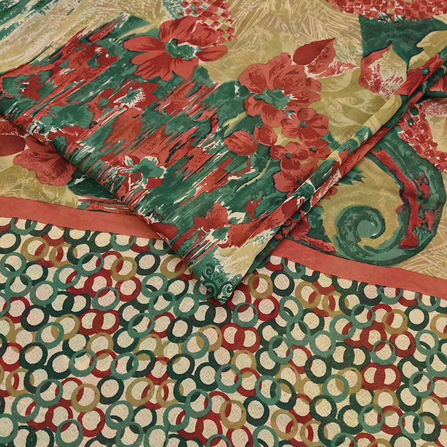 Indian Vintage Sari Beige & Multi Pure Georgette Silk Printed Sarees 6Yd Craft Fabric Sewing Quilting Dress making Crafting Dress Designing