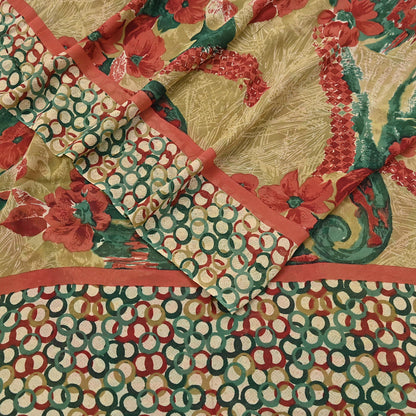 Indian Vintage Sari Beige & Multi Pure Georgette Silk Printed Sarees 6Yd Craft Fabric Sewing Quilting Dress making Crafting Dress Designing