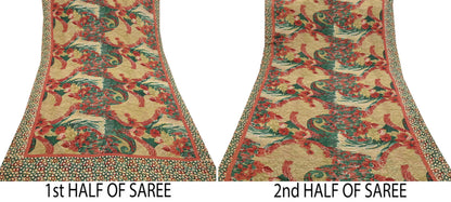 Indian Vintage Sari Beige & Multi Pure Georgette Silk Printed Sarees 6Yd Craft Fabric Sewing Quilting Dress making Crafting Dress Designing