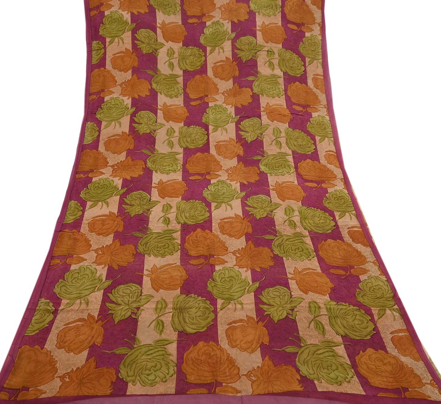 Vintage Indian Maroon Beige Georgette Silk Saree Floral Printed Fabric 5.5 Yard Soft Sari Sewing Dress Making Craft Boho