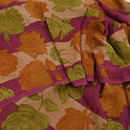 Vintage Indian Maroon Beige Georgette Silk Saree Floral Printed Fabric 5.5 Yard Soft Sari Sewing Dress Making Craft Boho