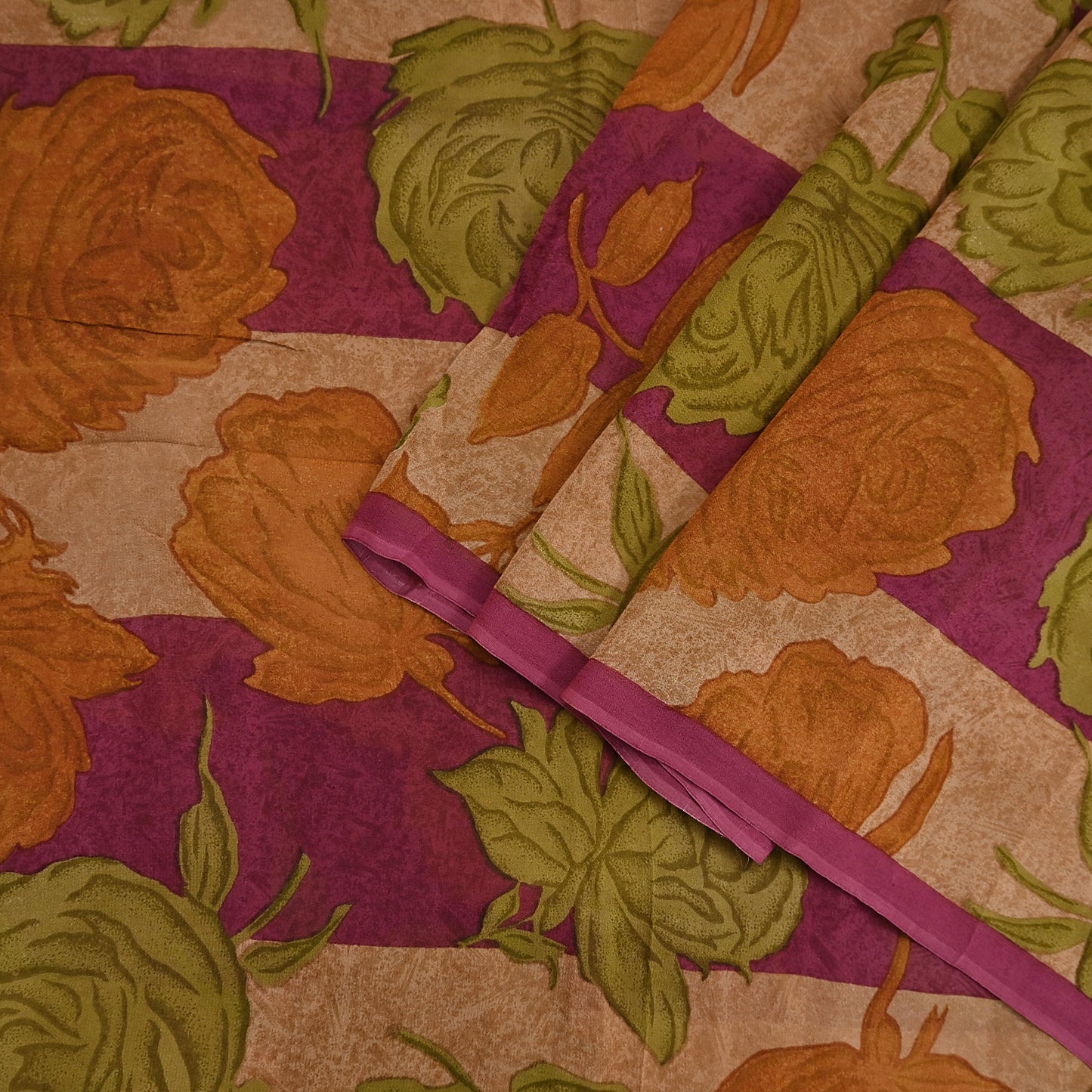 Vintage Indian Maroon Beige Georgette Silk Saree Floral Printed Fabric 5.5 Yard Soft Sari Sewing Dress Making Craft Boho