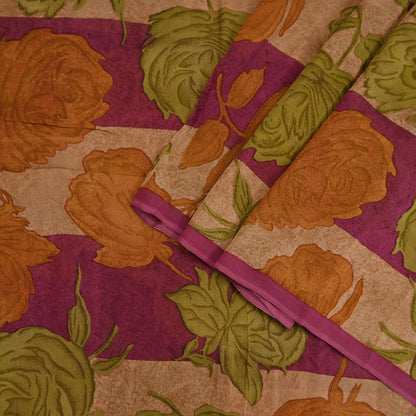 Vintage Indian Maroon Beige Georgette Silk Saree Floral Printed Fabric 5.5 Yard Soft Sari Sewing Dress Making Craft Boho