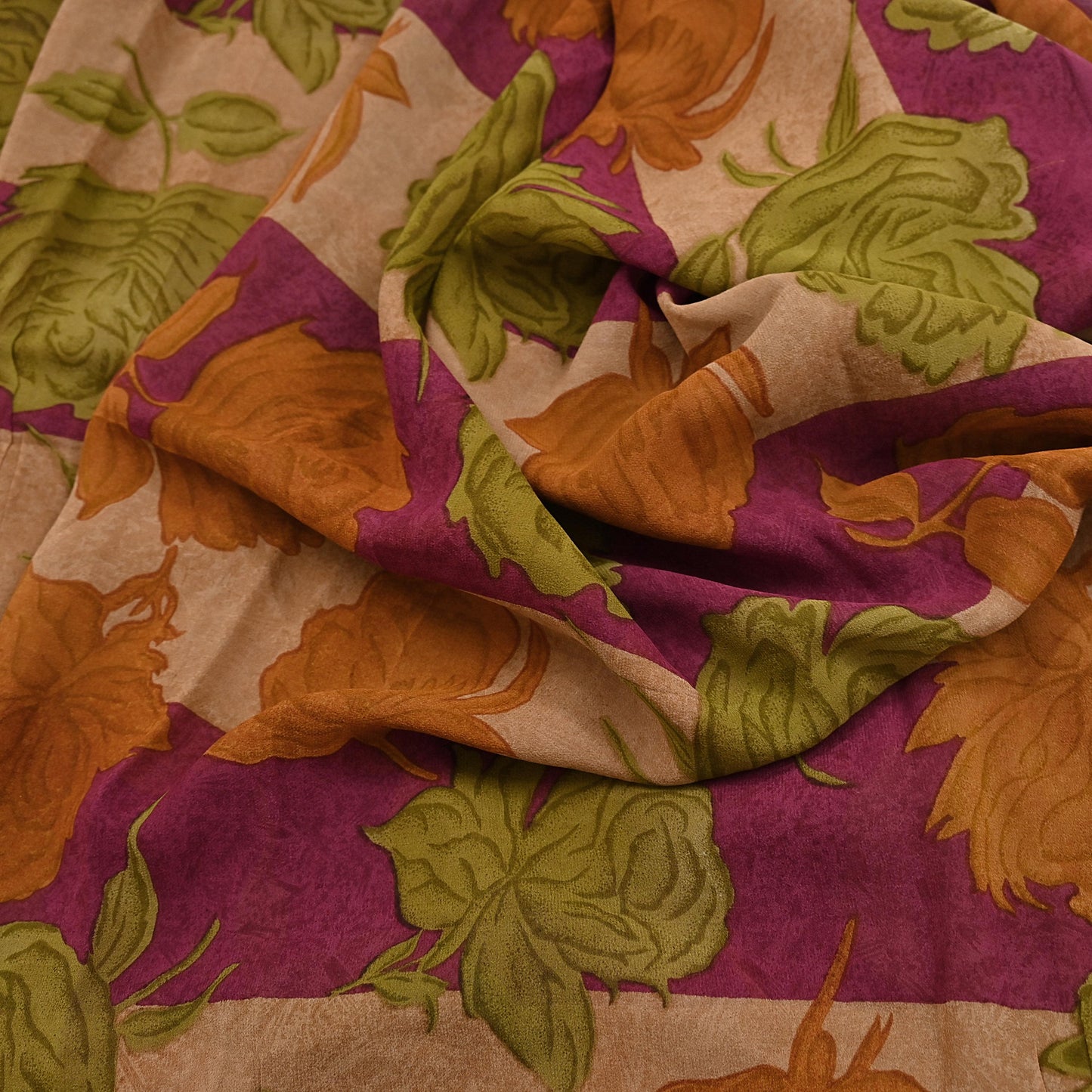 Vintage Indian Maroon Beige Georgette Silk Saree Floral Printed Fabric 5.5 Yard Soft Sari Sewing Dress Making Craft Boho