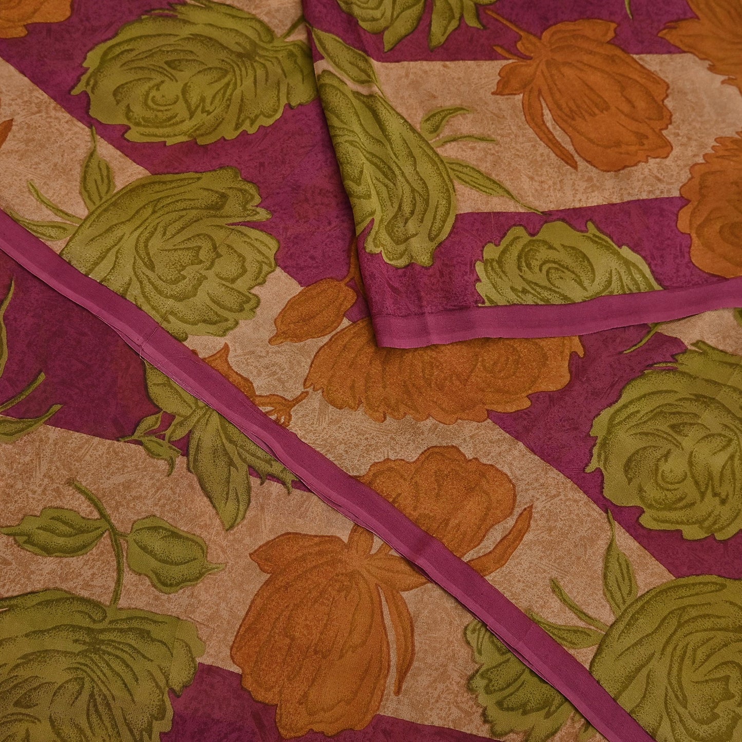 Vintage Indian Maroon Beige Georgette Silk Saree Floral Printed Fabric 5.5 Yard Soft Sari Sewing Dress Making Craft Boho
