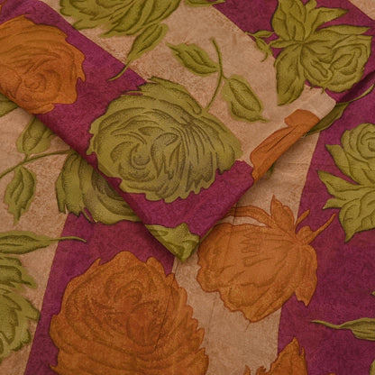 Vintage Indian Maroon Beige Georgette Silk Saree Floral Printed Fabric 5.5 Yard Soft Sari Sewing Dress Making Craft Boho