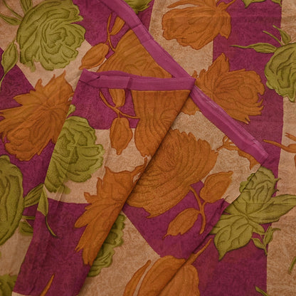 Vintage Indian Maroon Beige Georgette Silk Saree Floral Printed Fabric 5.5 Yard Soft Sari Sewing Dress Making Craft Boho