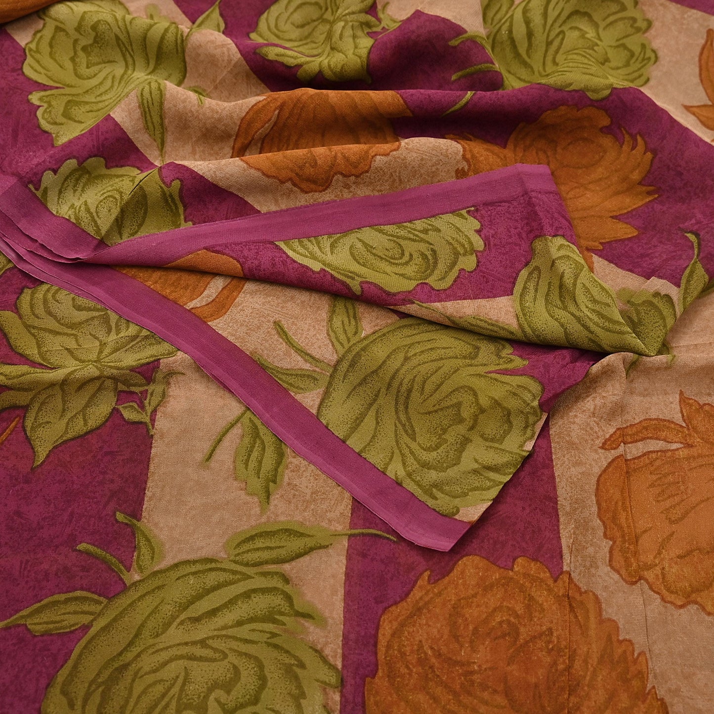 Vintage Indian Maroon Beige Georgette Silk Saree Floral Printed Fabric 5.5 Yard Soft Sari Sewing Dress Making Craft Boho