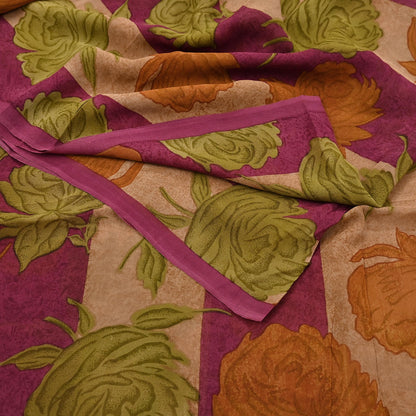 Vintage Indian Maroon Beige Georgette Silk Saree Floral Printed Fabric 5.5 Yard Soft Sari Sewing Dress Making Craft Boho