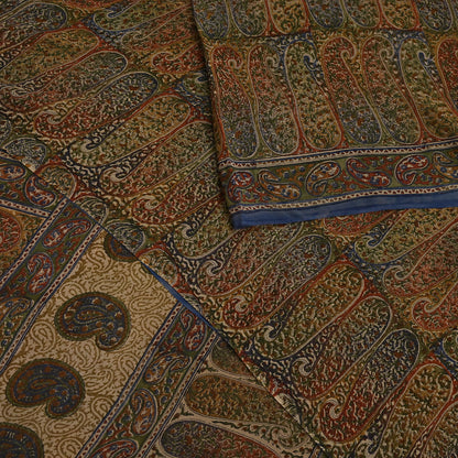 Vintage Indian Beige Multi Georgette Silk Saree Printed Fabric 5.5 Yard Soft Sari Sewing Dress Making Quilting Craft