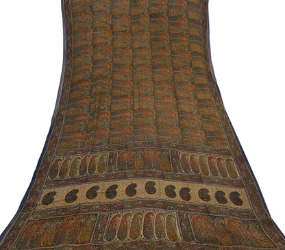 Vintage Indian Beige Multi Georgette Silk Saree Printed Fabric 5.5 Yard Soft Sari Sewing Dress Making Quilting Craft