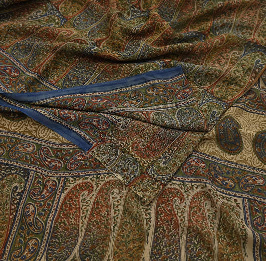 Vintage Indian Beige Multi Georgette Silk Saree Printed Fabric 5.5 Yard Soft Sari Sewing Dress Making Quilting Craft