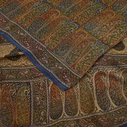 Vintage Indian Beige Multi Georgette Silk Saree Printed Fabric 5.5 Yard Soft Sari Sewing Dress Making Quilting Craft