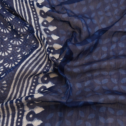 Indian Vintage Dupatta Blue Dupatta Long Stole Block Print Pure Chanderi Silk Scarves Veil Golden Zari