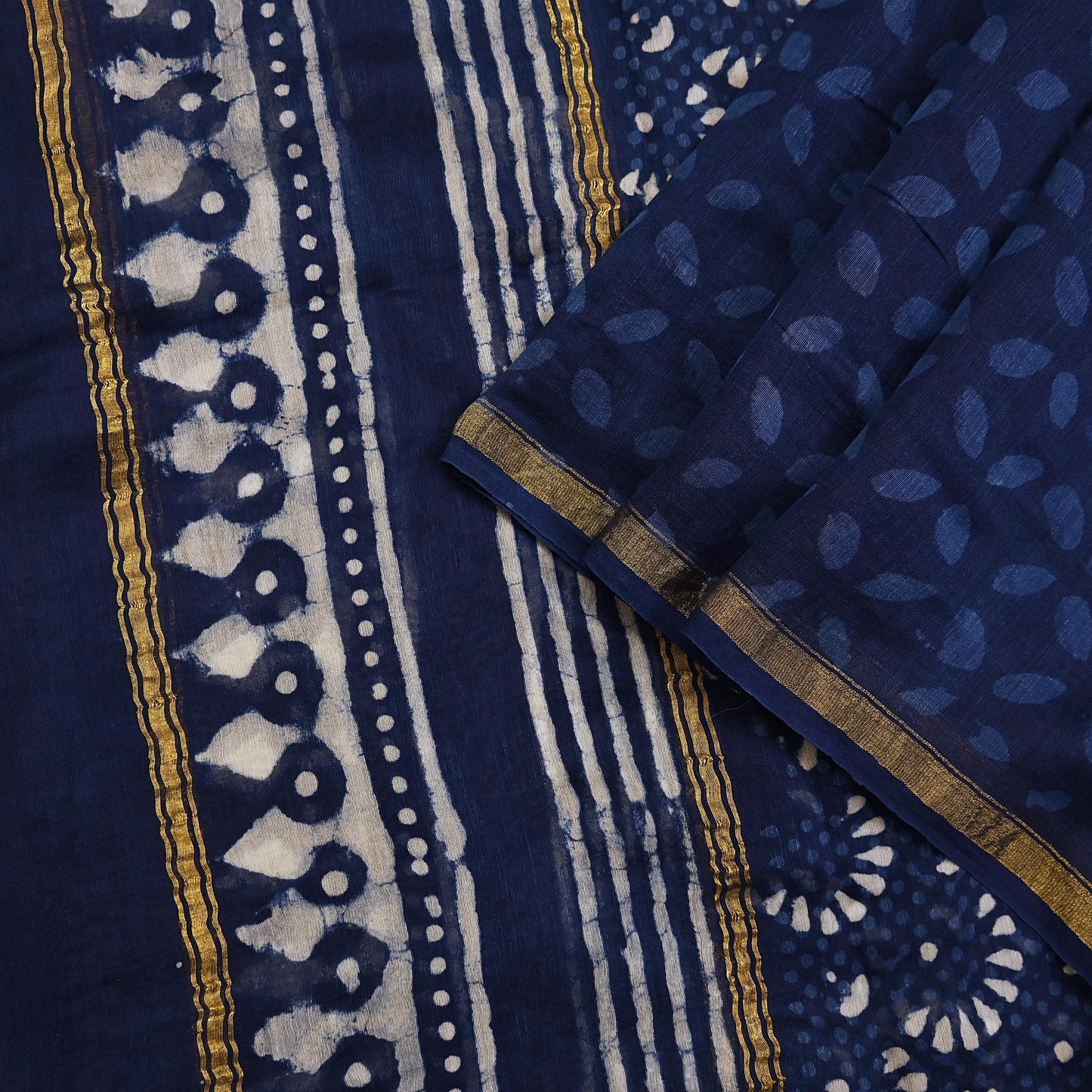 Indian Vintage Dupatta Blue Dupatta Long Stole Block Print Pure Chanderi Silk Scarves Veil Golden Zari