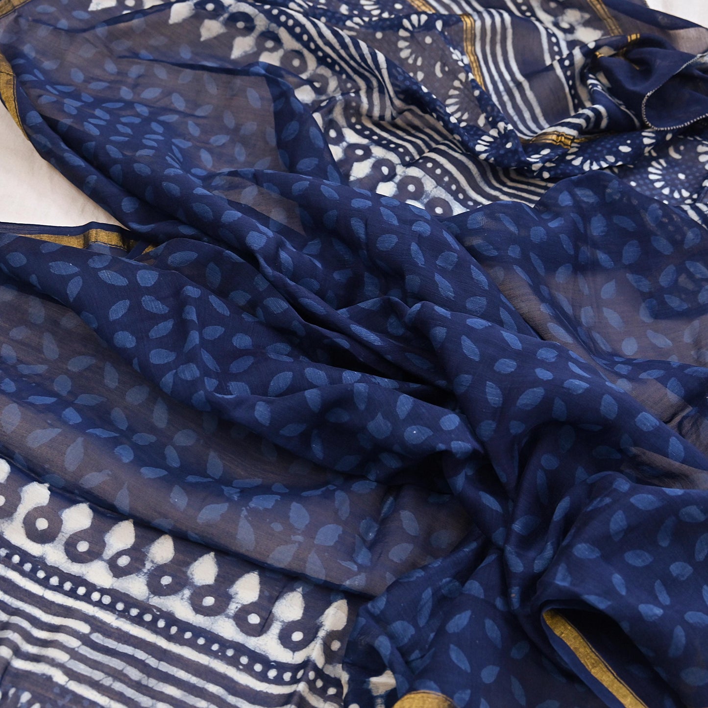 Indian Vintage Dupatta Blue Dupatta Long Stole Block Print Pure Chanderi Silk Scarves Veil Golden Zari