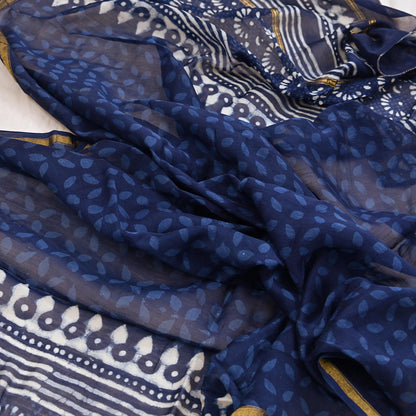Indian Vintage Dupatta Blue Dupatta Long Stole Block Print Pure Chanderi Silk Scarves Veil Golden Zari