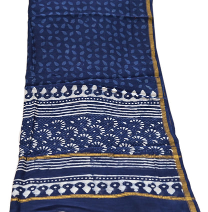 Indian Vintage Dupatta Blue Dupatta Long Stole Block Print Pure Chanderi Silk Scarves Veil Golden Zari