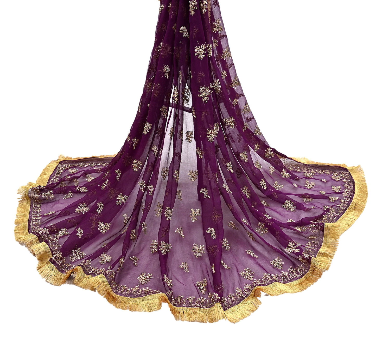 Indian Vintage Purple Dupatta Pure Georgette silk Long Stole Hand Embroidered Scarves Stole Veil Wrap Sequins Dabka/ Zardozi