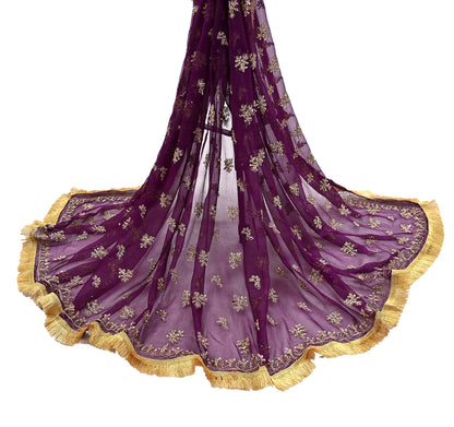 Indian Vintage Purple Dupatta Pure Georgette silk Long Stole Hand Embroidered Scarves Stole Veil Wrap Sequins Dabka/ Zardozi