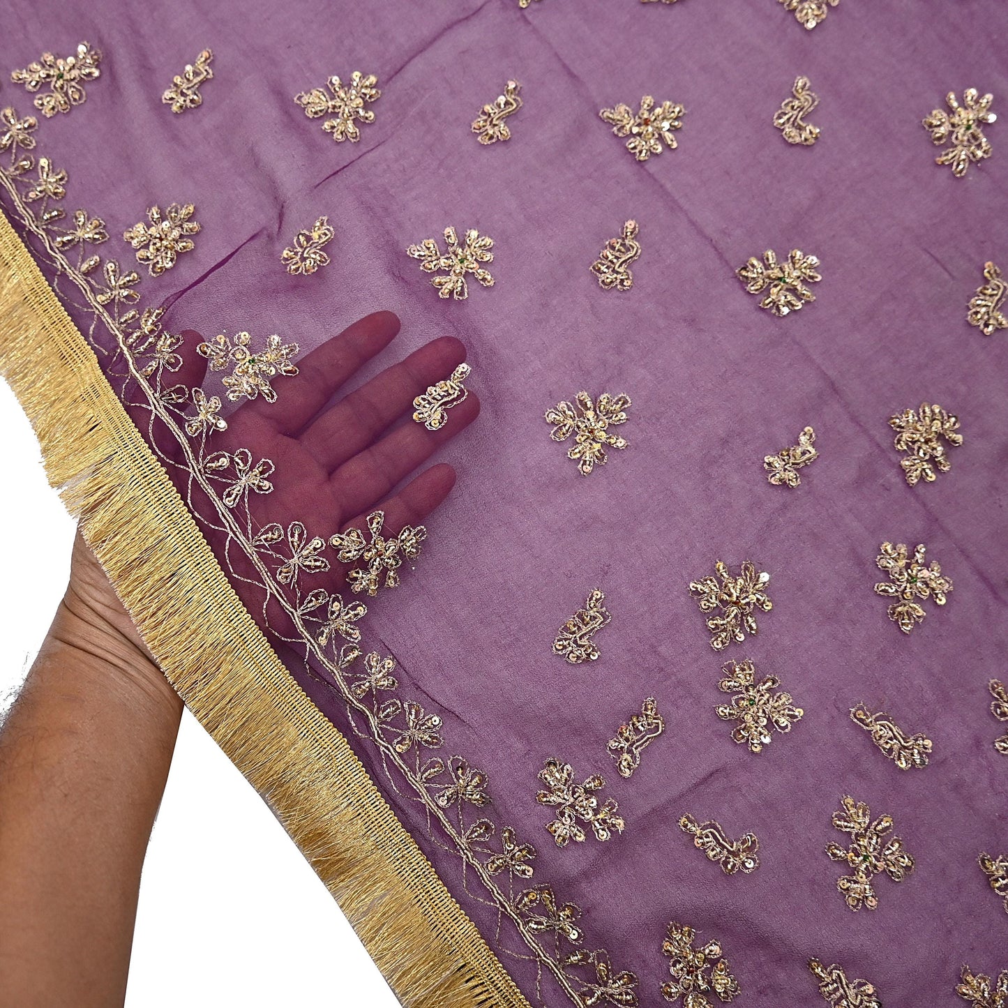Indian Vintage Purple Dupatta Pure Georgette silk Long Stole Hand Embroidered Scarves Stole Veil Wrap Sequins Dabka/ Zardozi
