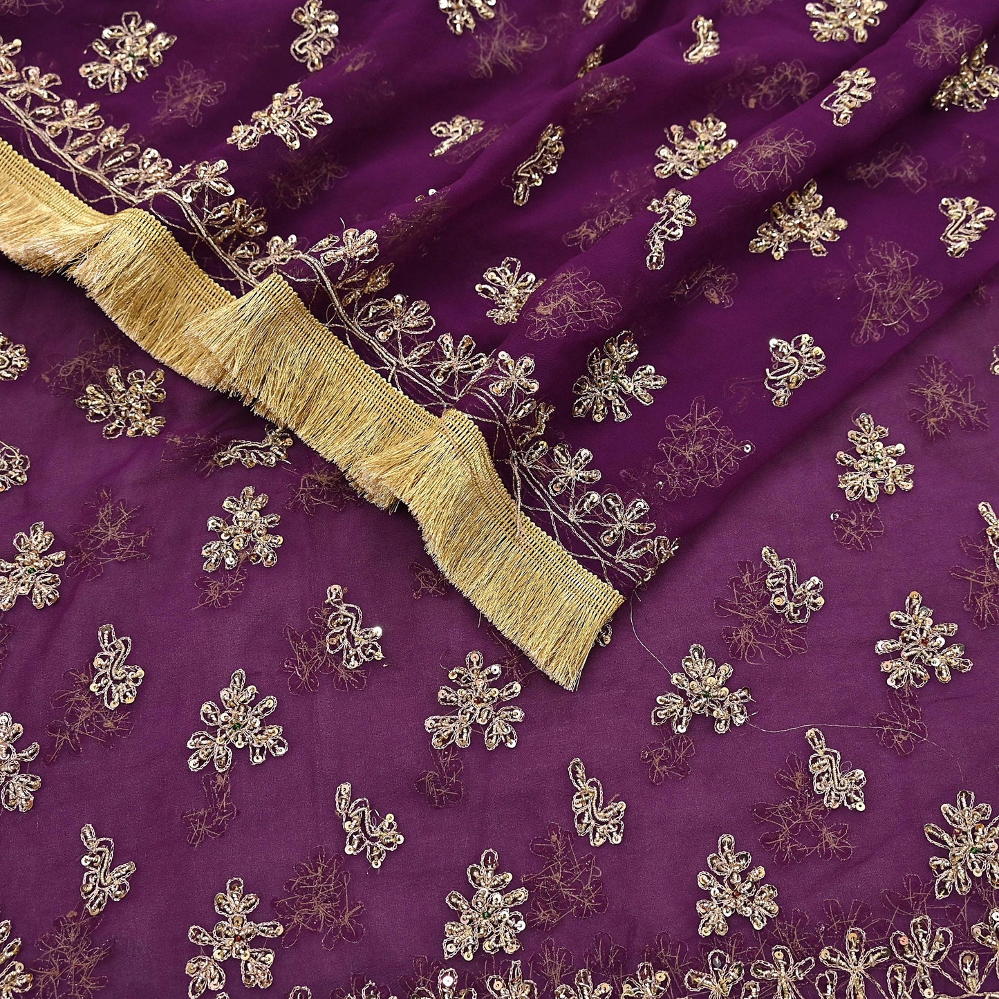 Indian Vintage Purple Dupatta Pure Georgette silk Long Stole Hand Embroidered Scarves Stole Veil Wrap Sequins Dabka/ Zardozi