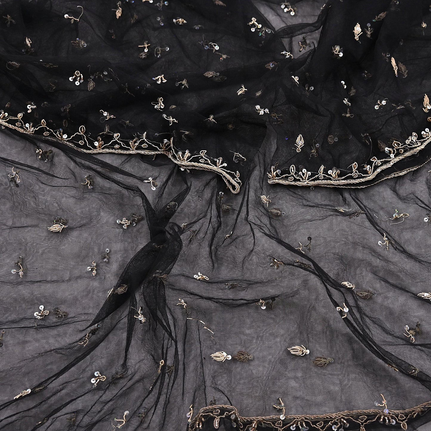 Indian Vintage Black Dupatta Net Mesh Long Stole Hand Embroidered Scarves  Zardozi Zari Sequins Hijab Veil wrap Boho
