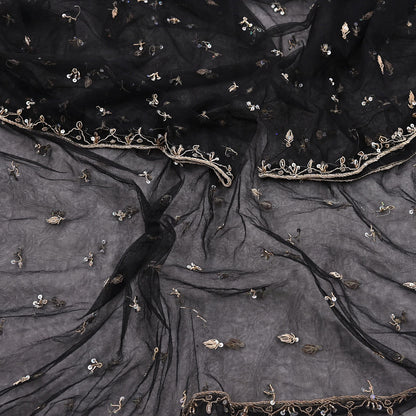 Indian Vintage Black Dupatta Net Mesh Long Stole Hand Embroidered Scarves  Zardozi Zari Sequins Hijab Veil wrap Boho