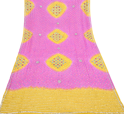 Indian Vintage Yellow & Pink Dupatta Pure Georgette silk Long Stole Hand Embroidered Scarves Stole Veil Wrap Sequins