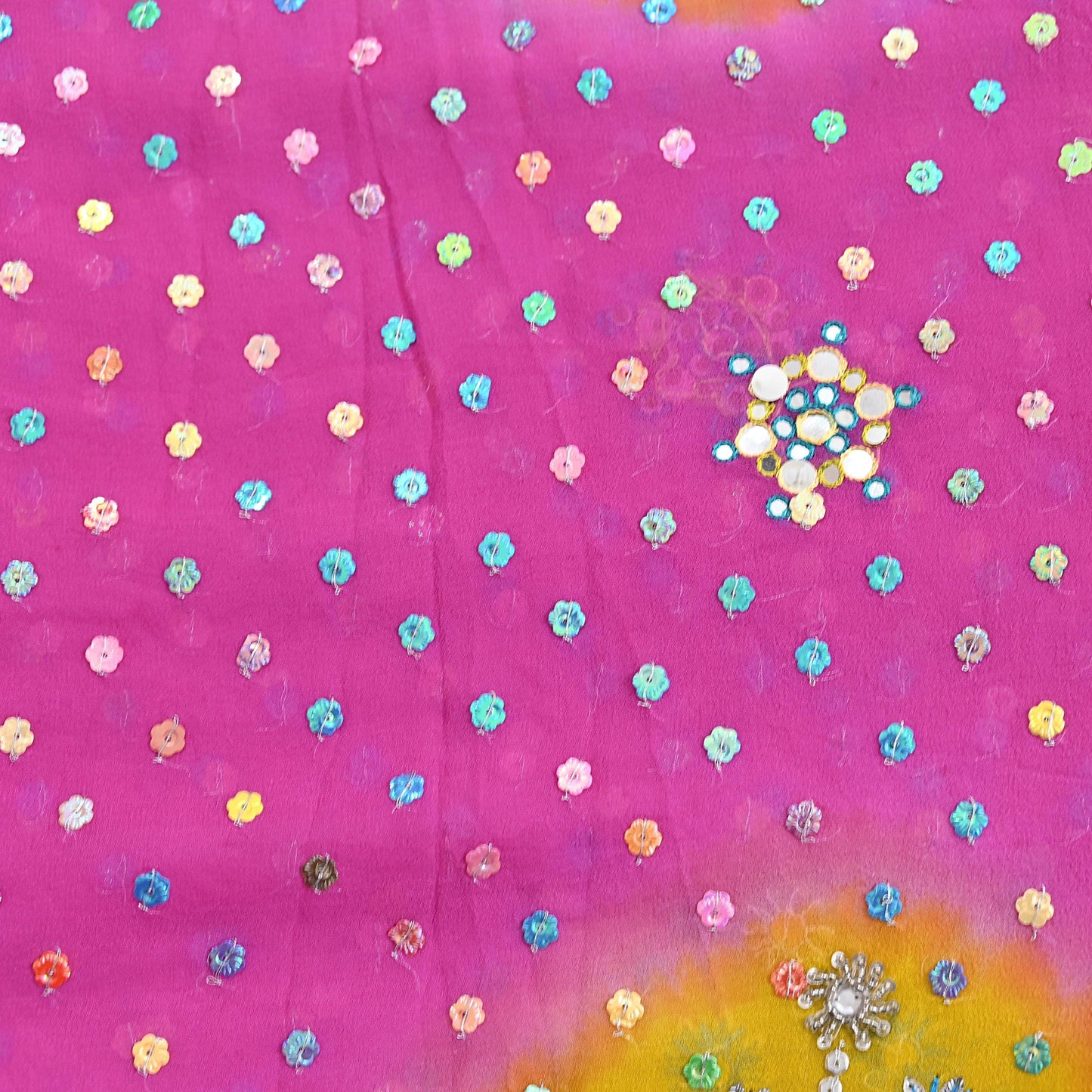 Indian Vintage Yellow & Pink Dupatta Pure Georgette silk Long Stole Hand Embroidered Scarves Stole Veil Wrap Sequins