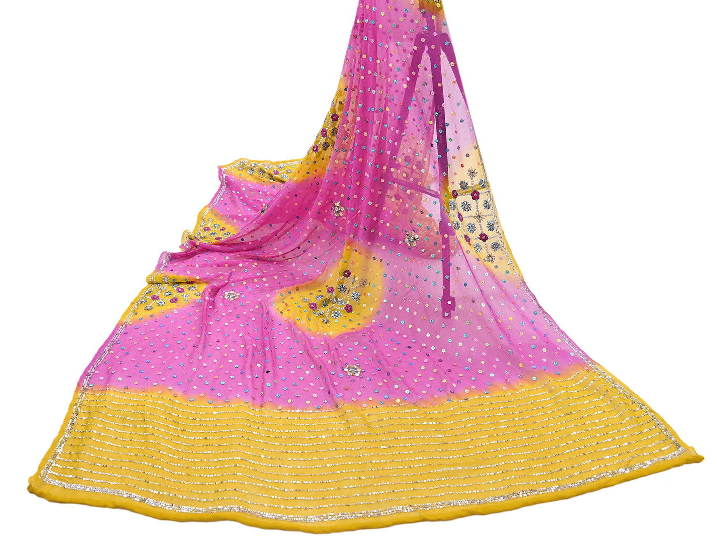 Indian Vintage Yellow & Pink Dupatta Pure Georgette silk Long Stole Hand Embroidered Scarves Stole Veil Wrap Sequins