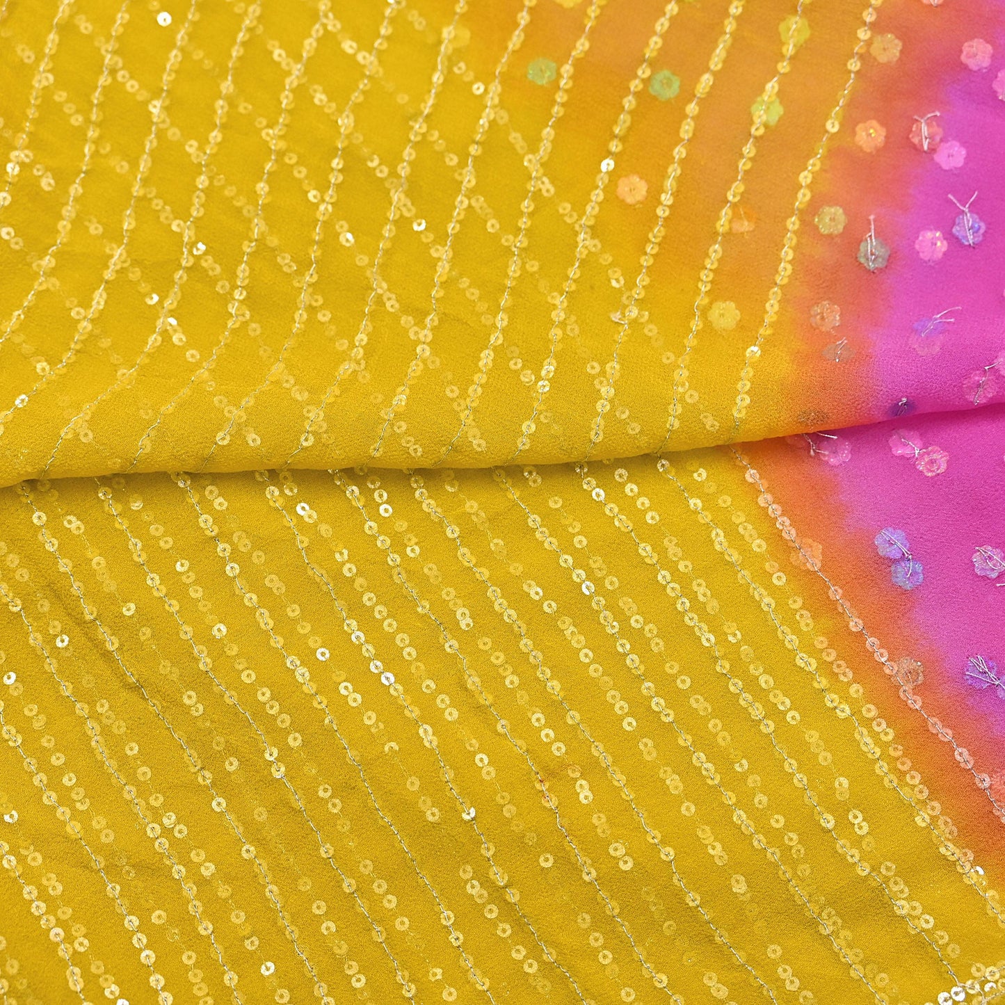Indian Vintage Yellow & Pink Dupatta Pure Georgette silk Long Stole Hand Embroidered Scarves Stole Veil Wrap Sequins