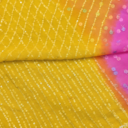 Indian Vintage Yellow & Pink Dupatta Pure Georgette silk Long Stole Hand Embroidered Scarves Stole Veil Wrap Sequins