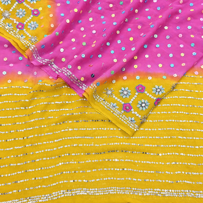 Indian Vintage Yellow & Pink Dupatta Pure Georgette silk Long Stole Hand Embroidered Scarves Stole Veil Wrap Sequins