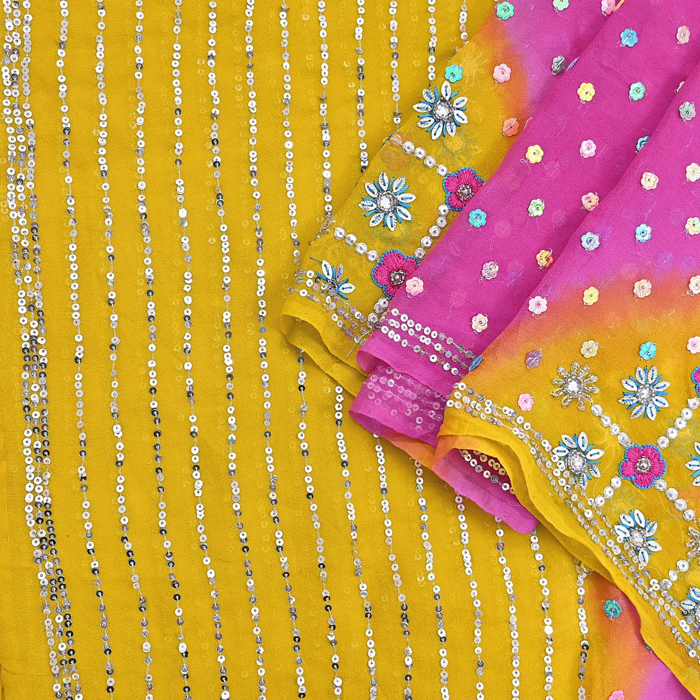 Indian Vintage Yellow & Pink Dupatta Pure Georgette silk Long Stole Hand Embroidered Scarves Stole Veil Wrap Sequins