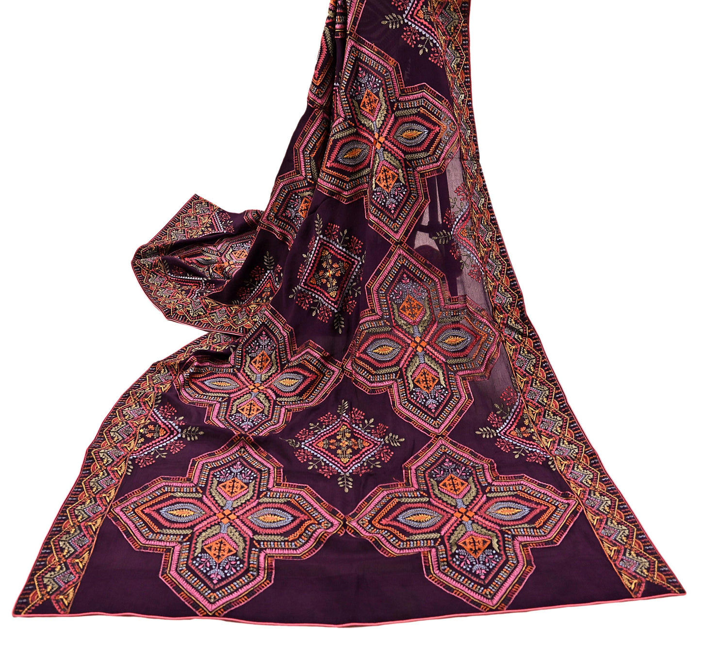 Indian Vintage Dark Maroon Dupatta Long Stole Blend silk Embroidered Scarves Veil Scarf Wrap Hippie Boho Soft Floral