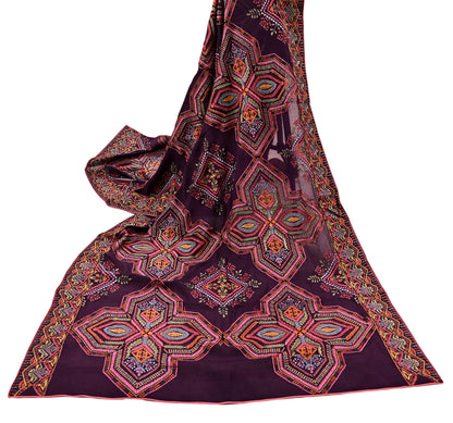 Indian Vintage Dark Maroon Dupatta Long Stole Blend silk Embroidered Scarves Veil Scarf Wrap Hippie Boho Soft Floral