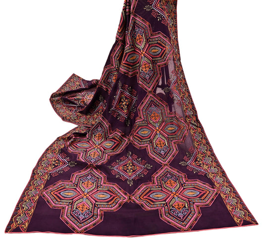 Indian Vintage Dark Maroon Dupatta Long Stole Blend silk Embroidered Scarves Veil Scarf Wrap Hippie Boho Soft Floral