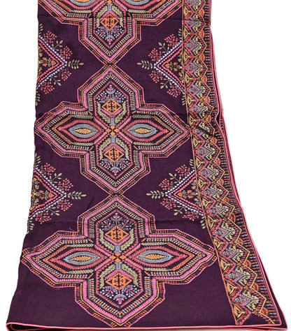 Indian Vintage Dark Maroon Dupatta Long Stole Blend silk Embroidered Scarves Veil Scarf Wrap Hippie Boho Soft Floral
